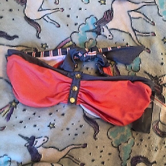 NEW NWT TOMMY HILFIGER Bandeau Bra Underwire Orange ? Navy Bikini Top Strapless - Picture 2 of 6